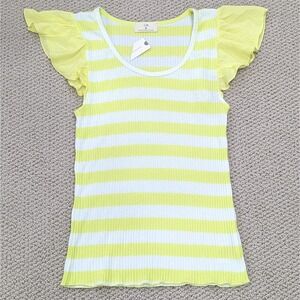 Anthropologie T.La Top Women's‎ Med Yellow Flutter Sleeve Knit Ribbed Fitted Tee